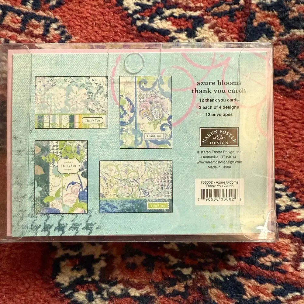 Karen‎ Foster Design Azure Blooms 12 THANK YOU Note Cards in 4 Patterns